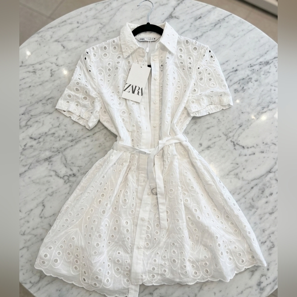 NEW ZARA SS24 ZW COLLECTION SHORT WHITE DRESS WITH CUTWORK EMBROIDERY